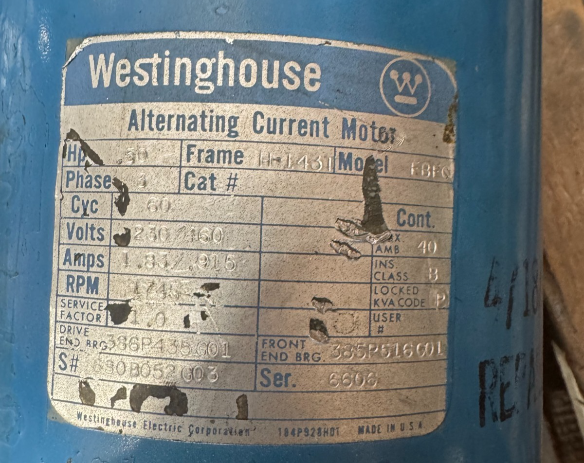 WESTINGHOUSE MOTOR 1/2 HP UU6 MODEL TBFC 1745 RPM 230/460 V 3 PH 1.83/.915 AMP