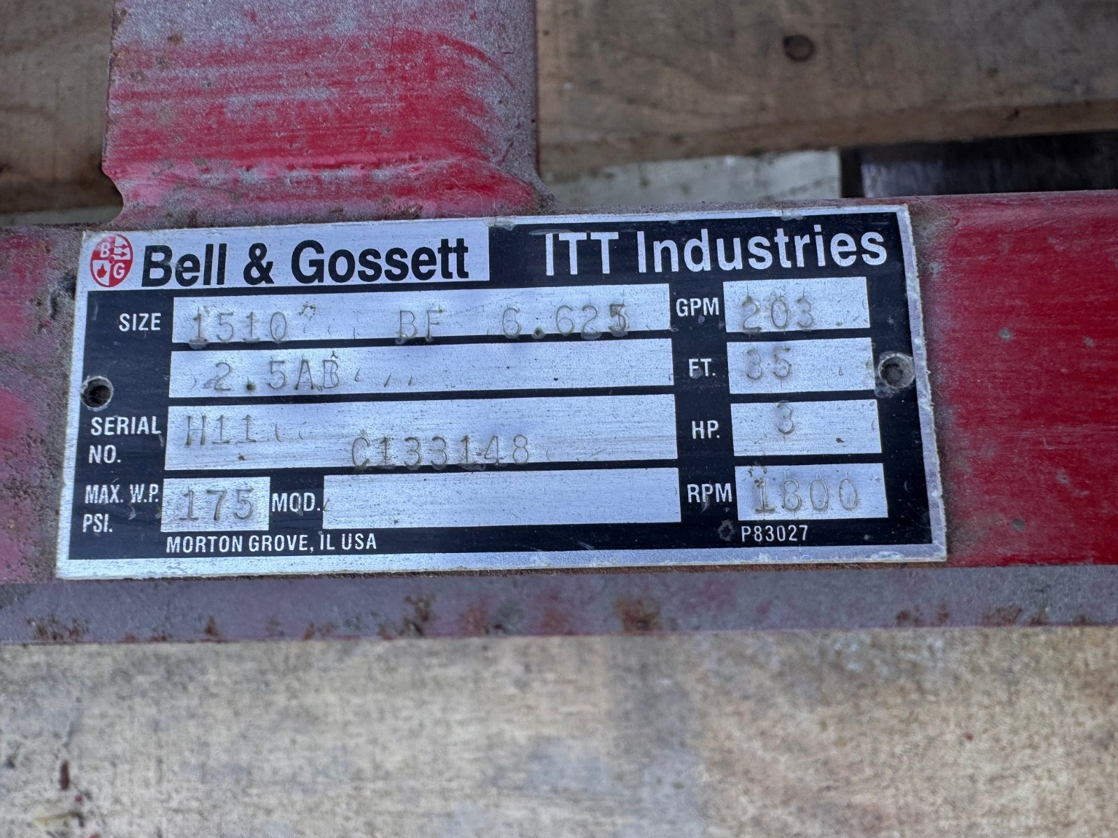 BELL & GOSSETT PUMP 21/2" X 3" X 6.625" IMPELLAR ZN6 8 1510 3 HP 203 GPM@85' 175