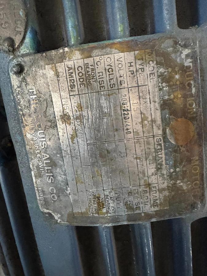 LOUIS ALLIS MOTOR X 15 HP MODEL CJXC 1770 RPM 208-220/440 V 3 PH 42/20AMP F 284U
