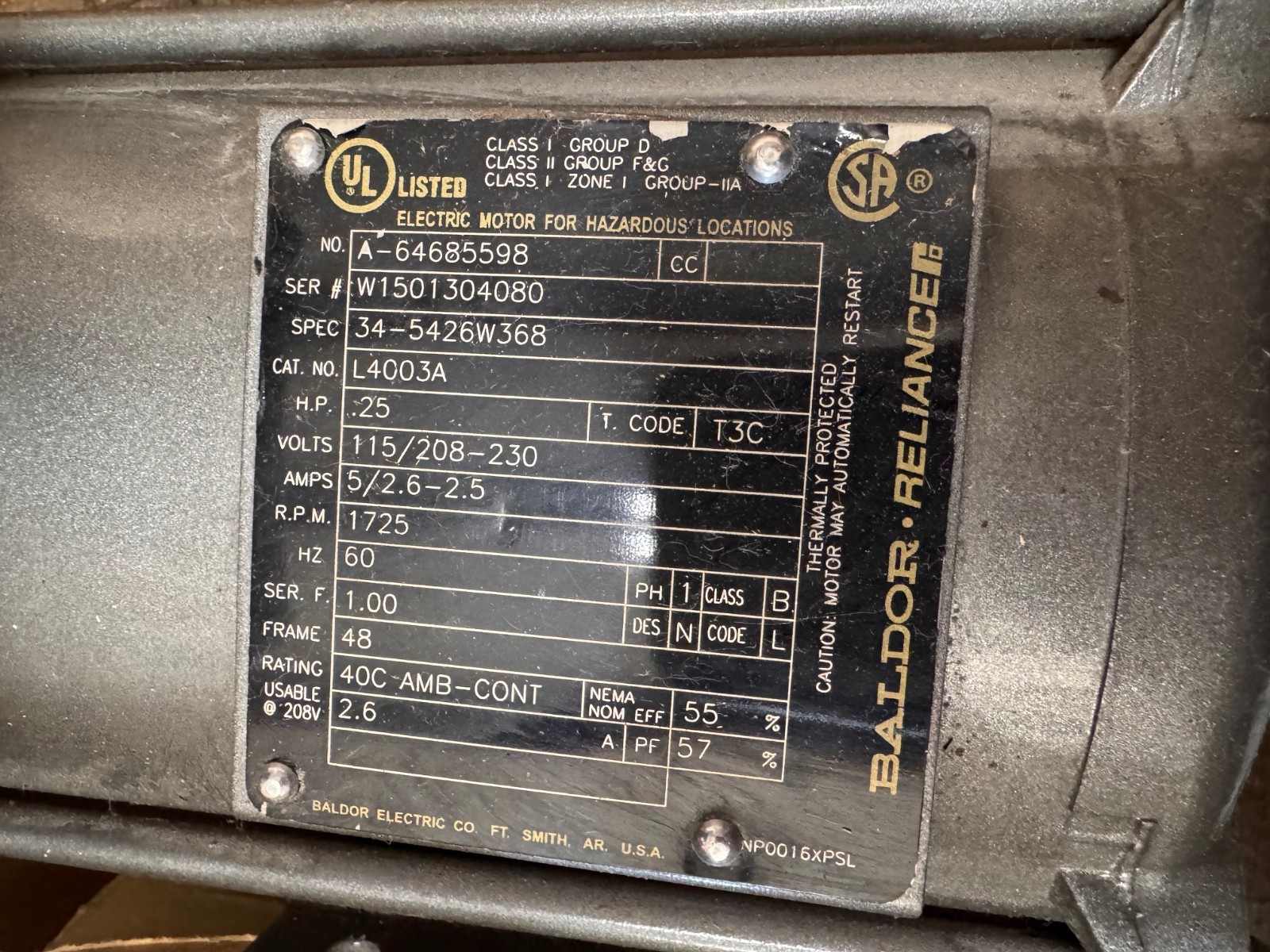 BALDOR EXPLOSION PROOF MOTOR 1/4 HP MODEL L4003A ZM1 ZM2 ZF4A CJ5 1725 RPM