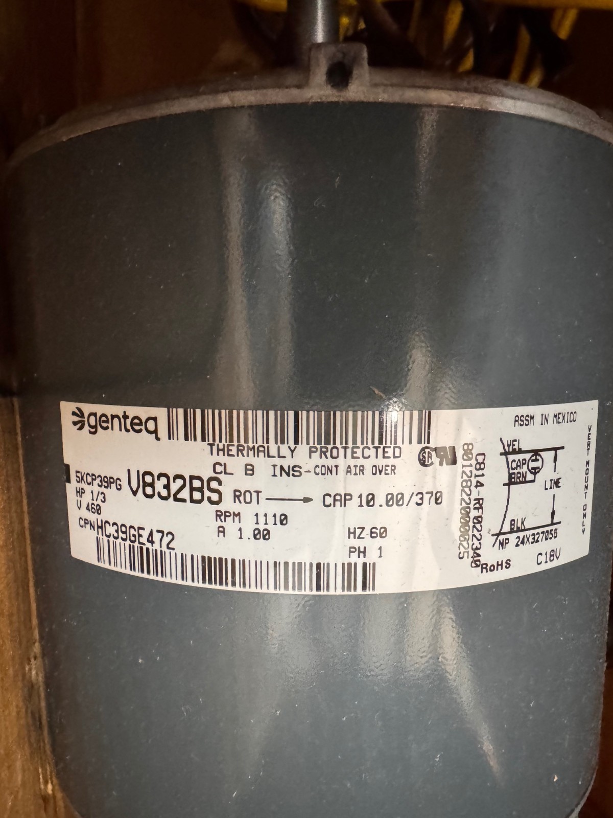 GENTEQ Motor 1/3 HP MODEL HC 39GE 472 V832BS ZJ7 1110 RPM 400/460 V 1 AMP 1 PH