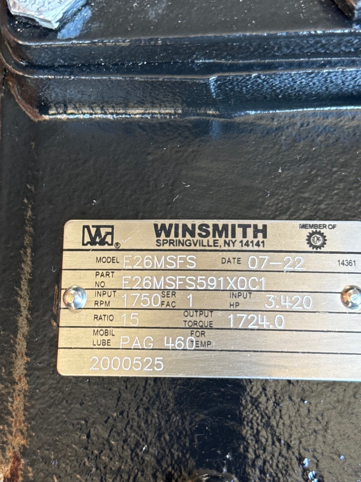 WINSMITH GEAR REDUCER 1XSD MODEL E26MSFS 1750 RPM IN 15 TO 1 RATIO INPUT HP 3.42