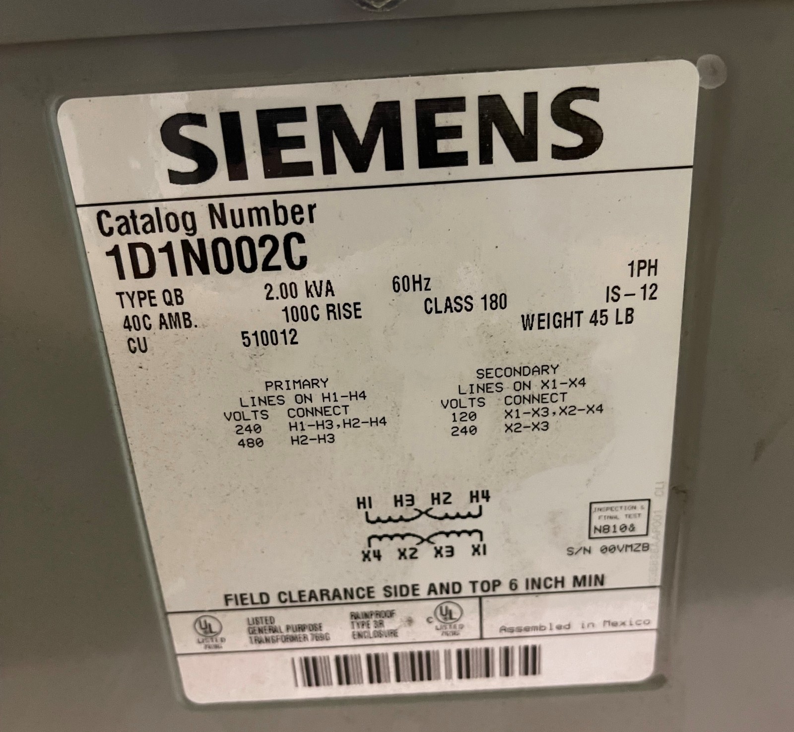 SIEMENS DRY TYPE TRANSFORMER 2 KVA AD4E 1D1N002C 240/480 120/240