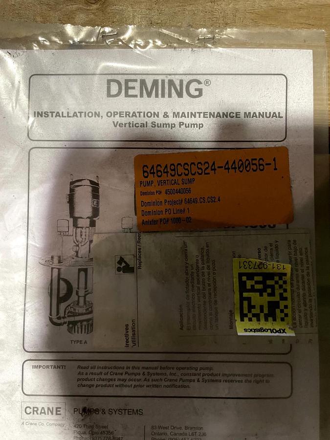 Sump Pump Deming 4508 Vertical 1-1/4S 133050640 Imp Dia 7.00 1HP 1755RPM 208-230