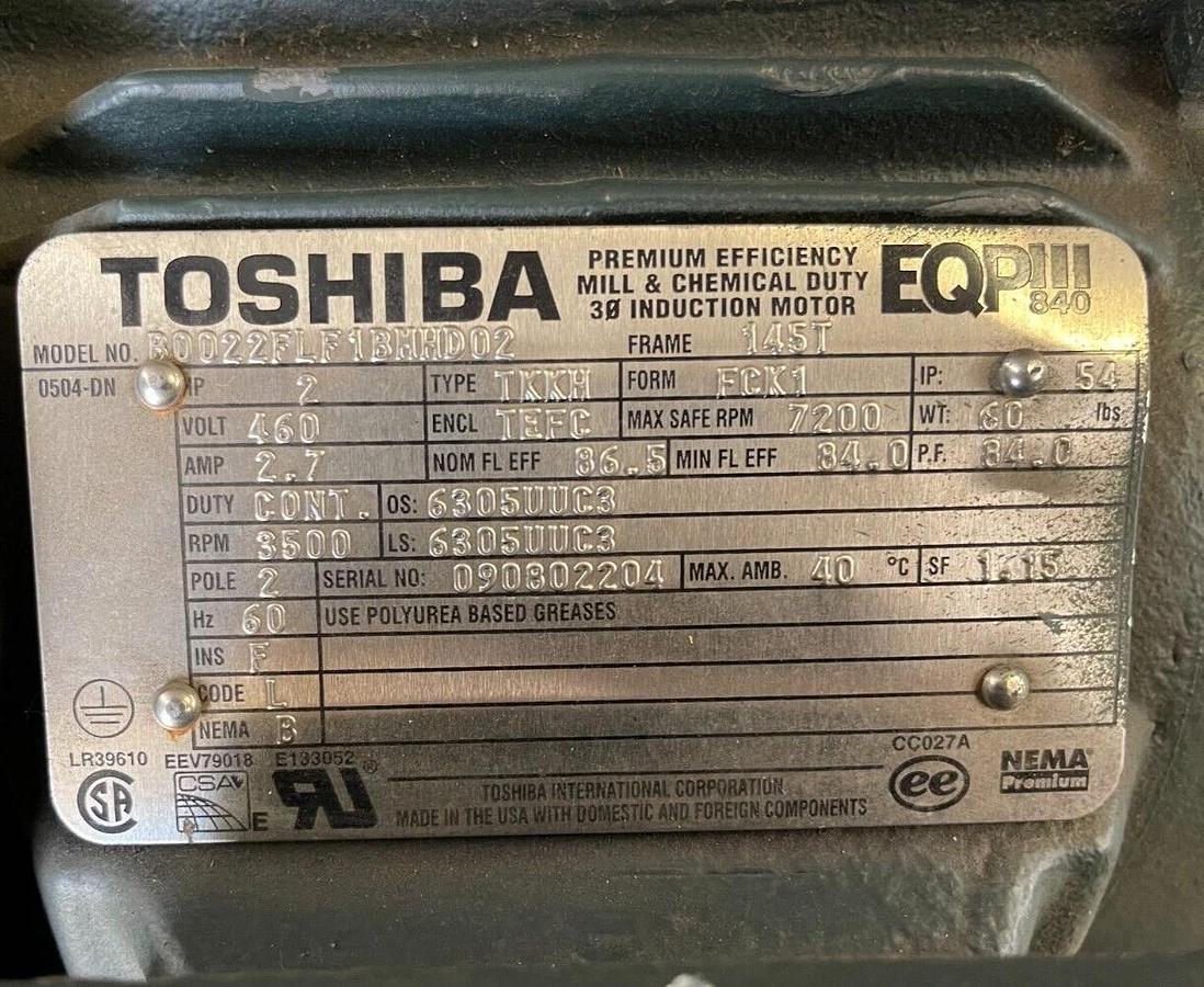 TOSHIBA 2 HP MOTOR 3500 RPM 460 V FRAME 145T B0022FLF1BMHD02