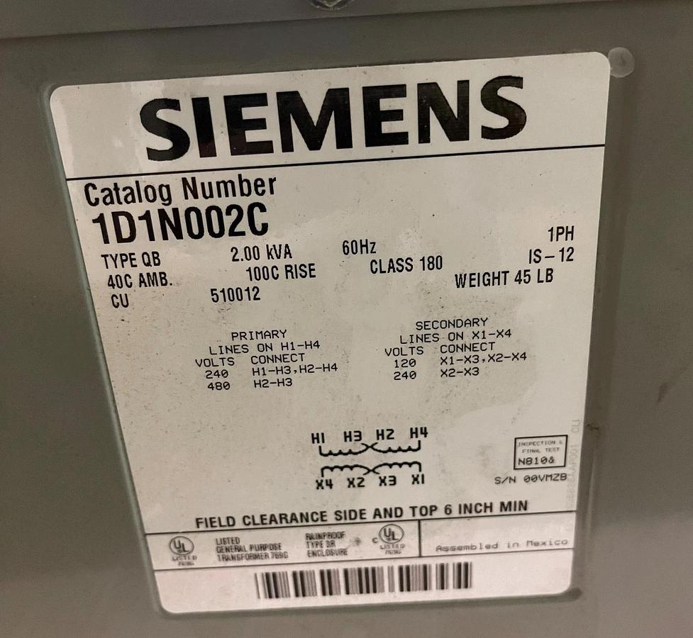 SIEMENS DRY TYPE TRANSFORMER 2 KVA AD4E 1D1N002C 240/480 120/240