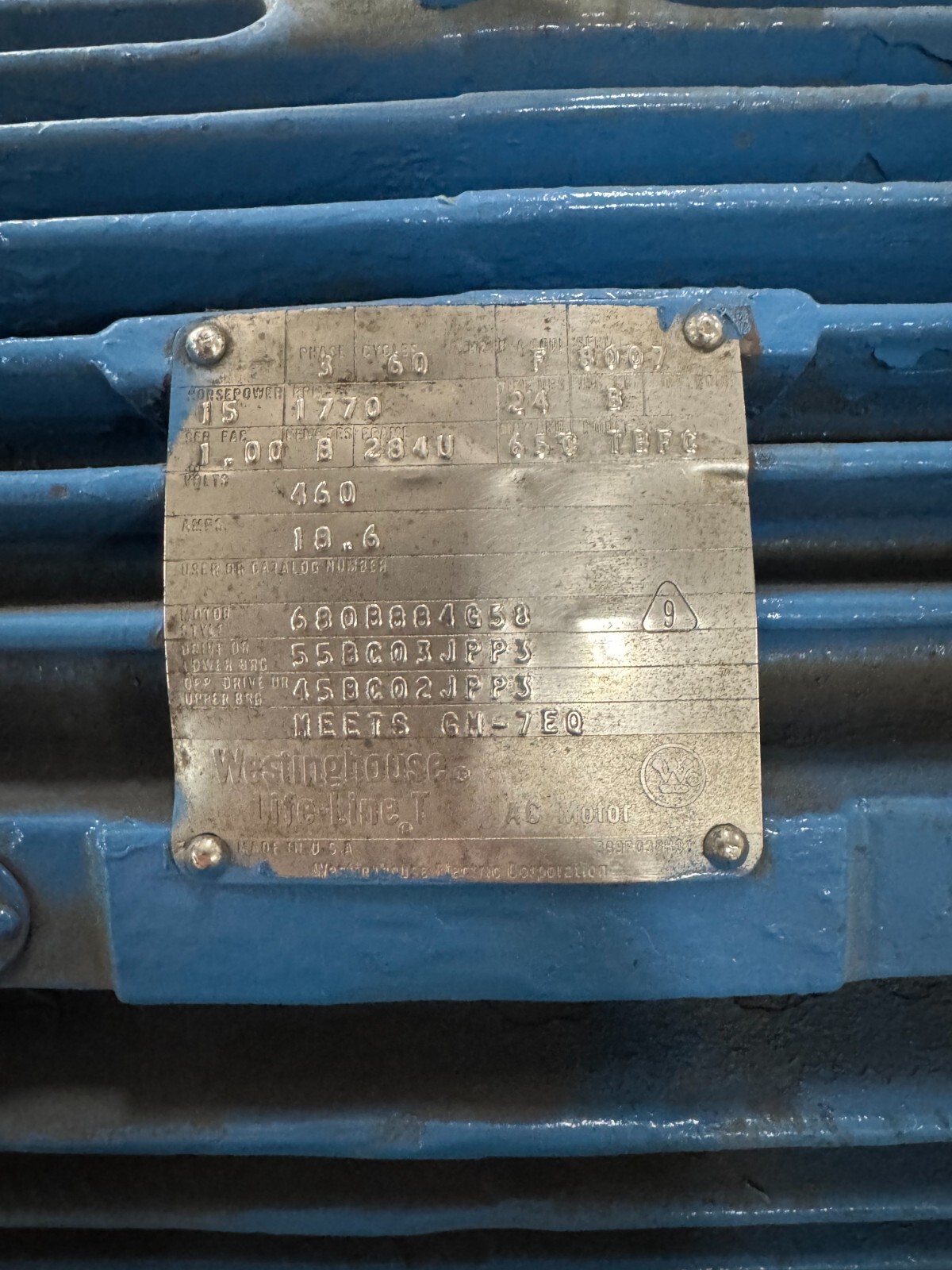 WESTINGHOUSE MOTOR I1 15 HP 1770 RPM 460 V 18.6 AMP 3 PH FR 284U