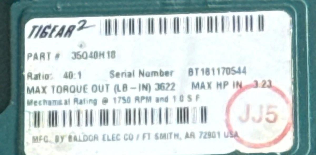 TIGEAR/2 BALDOR GEAR REDUCER 1XWD MOD 35Q40M181750 RPM 40 TO 1 3.23 HP MAX