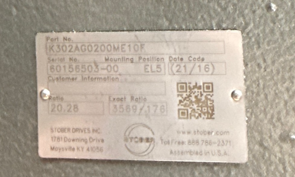 STOBER DRIVES GEAR REDUCER 1XNF MOD K302AGO200ME10F 20.28 TO 1 RATIO EXACT RATIO
