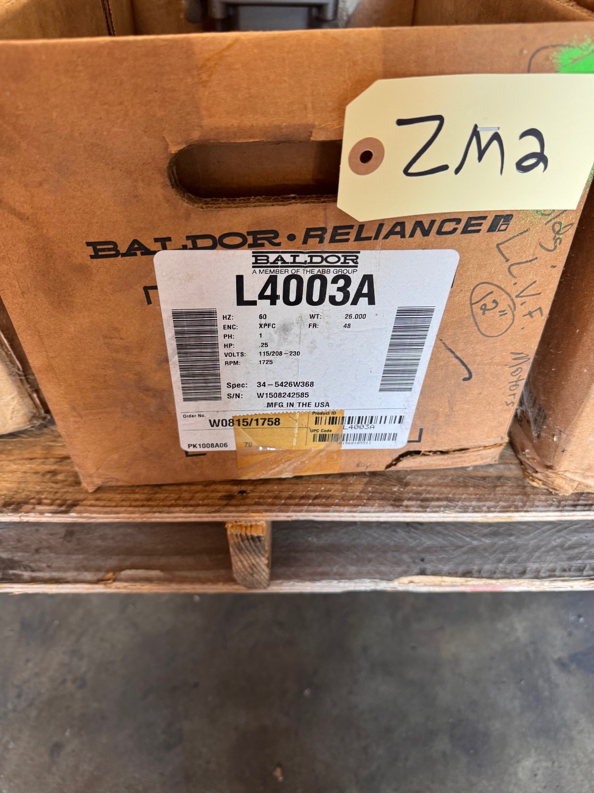 BALDOR EXPLOSION PROOF MOTOR 1/4 HP MODEL L4003A ZM1 ZM2 ZF4A CJ5 1725 RPM