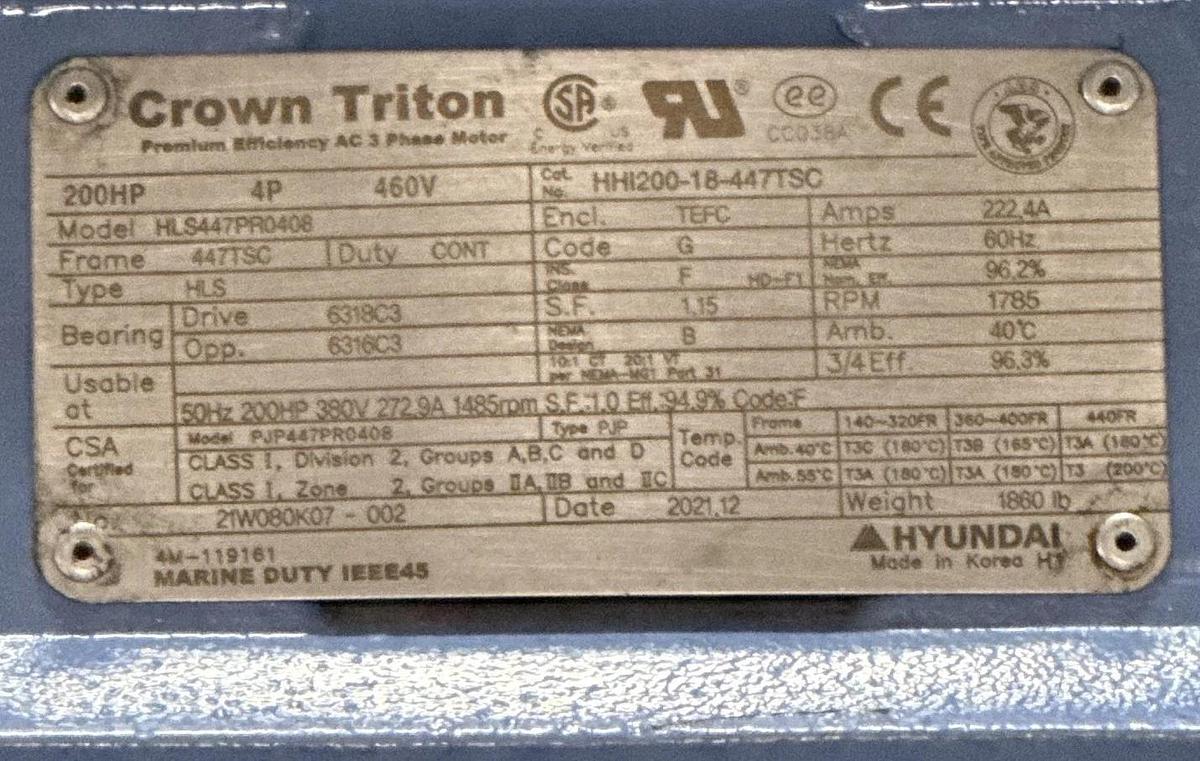 Used Hyundai Crown-Triton 200 HP Motor Model HLS447PR0408 440 V 1785 RPM 222 Amp
