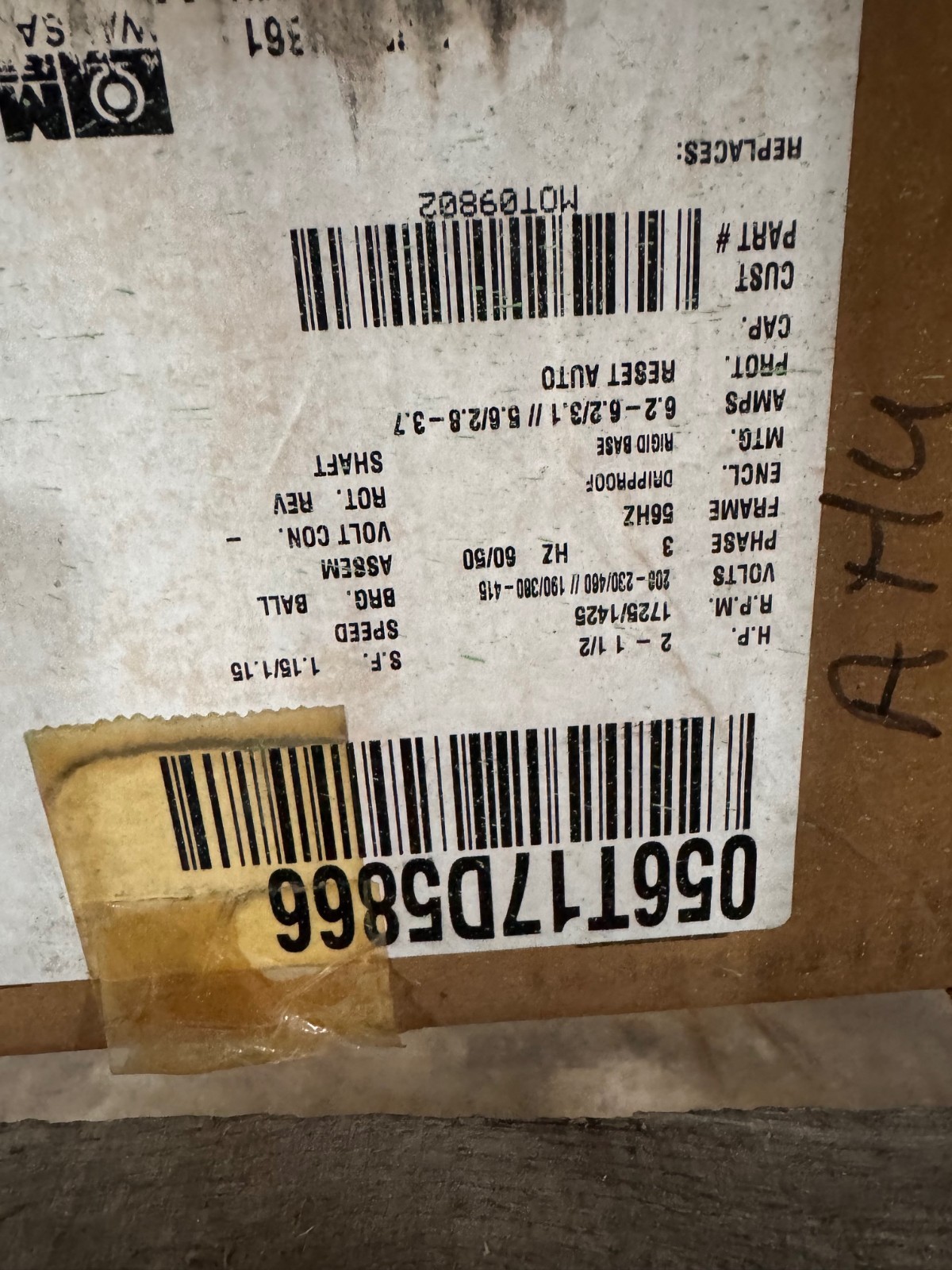 MARATHON Motor 2 HP MODEL MOT09802 NQA 56T1 ZF3A 1725 RPM 208/230-460 V 3 PH 6.2
