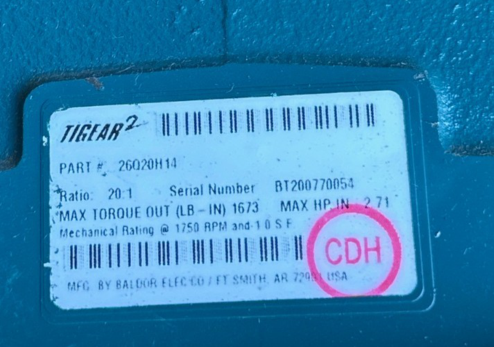 TIGEAR/2 BALDOR GEAR REDUCER 1XNBMOD 26Q20H14 1750 RPM 20 TO 1 RATIO  2.71 HP MA