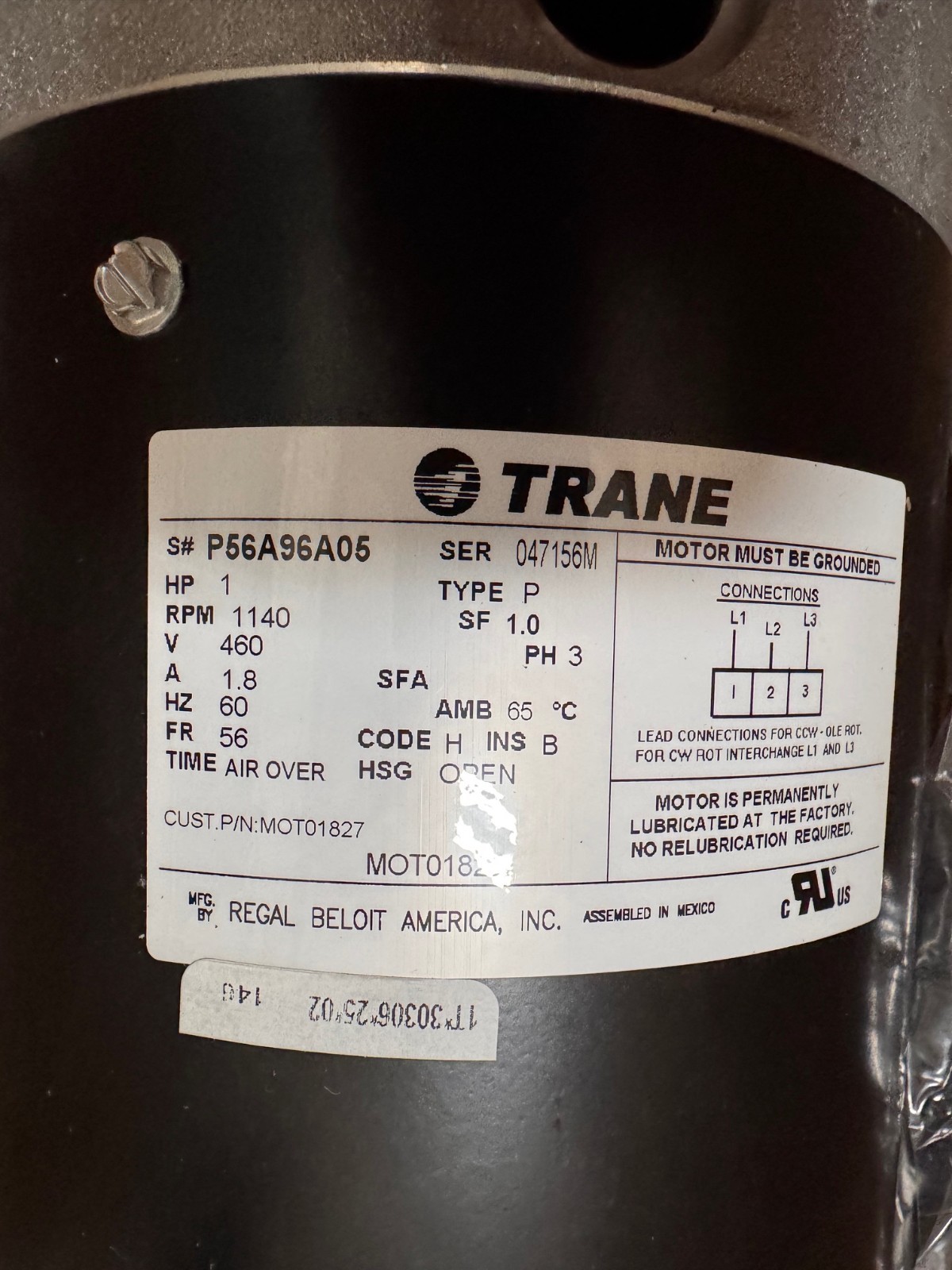 TRANE Motor 1 HP MODEL MOT01827 P56A96A05 ZFA7 ZK3 ZL21140 RPM 460V 1.8 AMP 3 PH