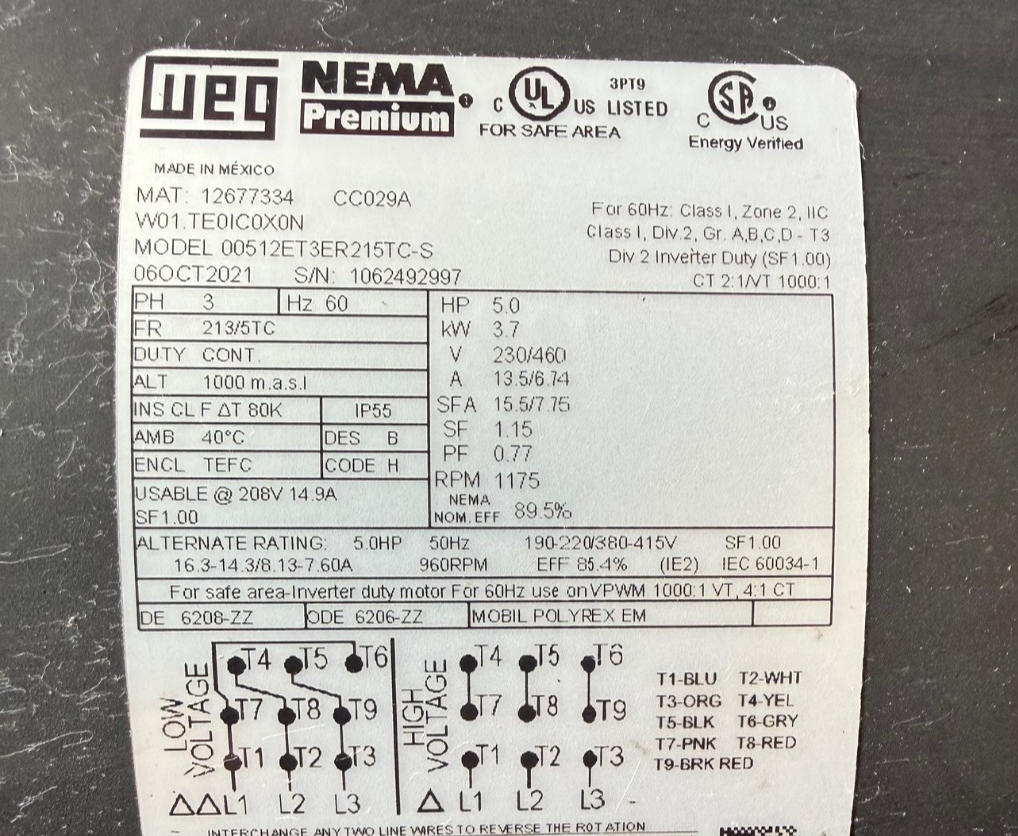 WEG Motor 5 HP MODEL 00512ET3ER215TC-S ZT1 1175 RPM 230 460 V  3 PH 13.5/6.7 AMP