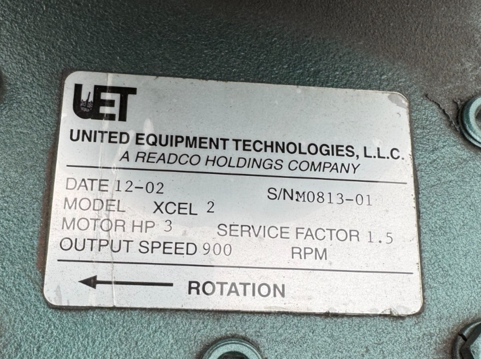 UNITED EQUIPMENT JJ2 MODEL XCEL2 M0813-01 3 HP 900 RPM OUT