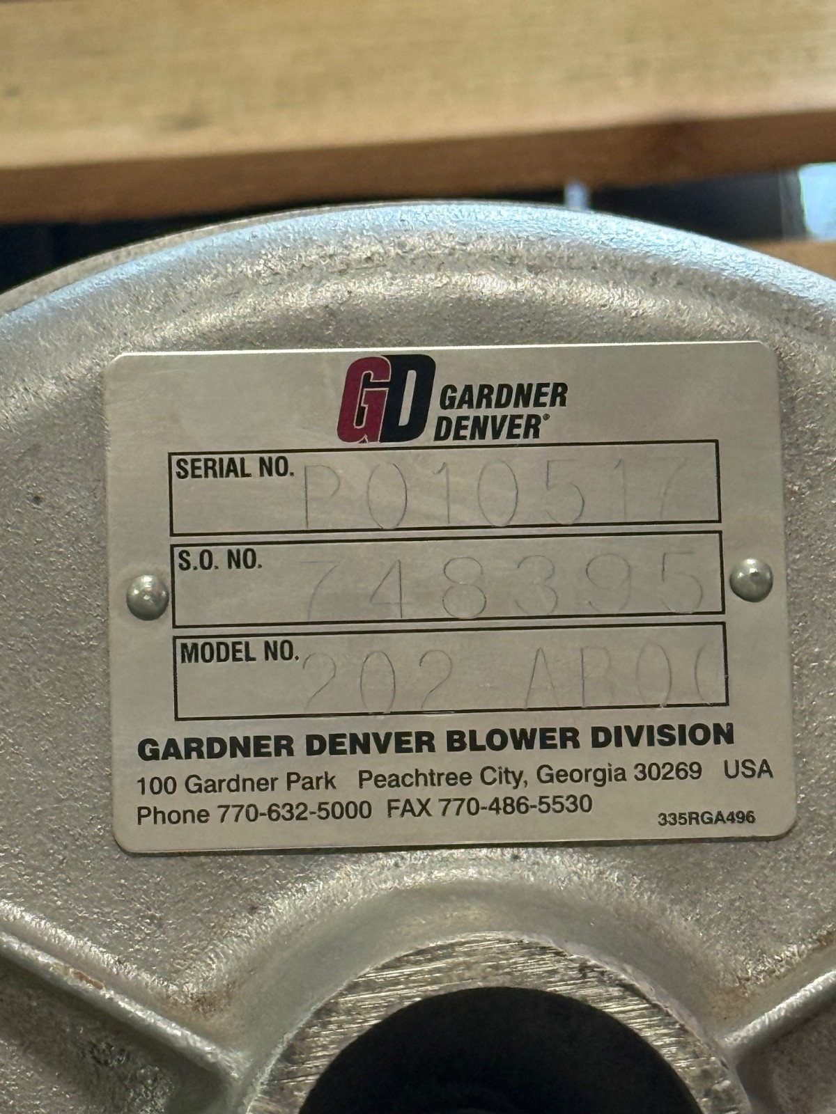 GARDNER DENVER BLOWER MODEL 202 AB00 1XE