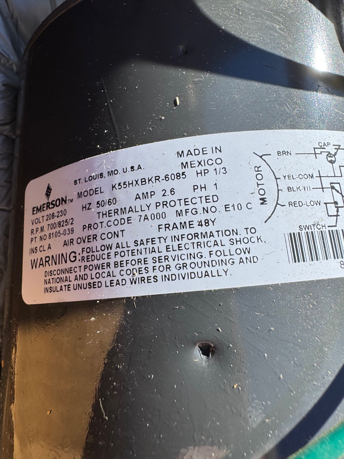 EMERSON  MOTOR 1/3 HP XB4 208-230 V 1 PH 2.6 AMP 208/230 RPM FRAME 48Y
