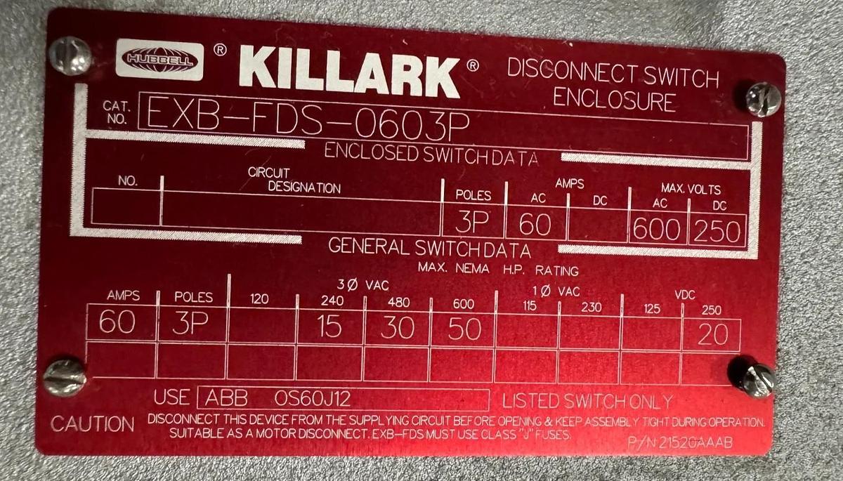 KILLARK EXPLOSION PROOF MOTOR DISCONNECT SWITCH V55 60 AMP 600 V OS60GJ12