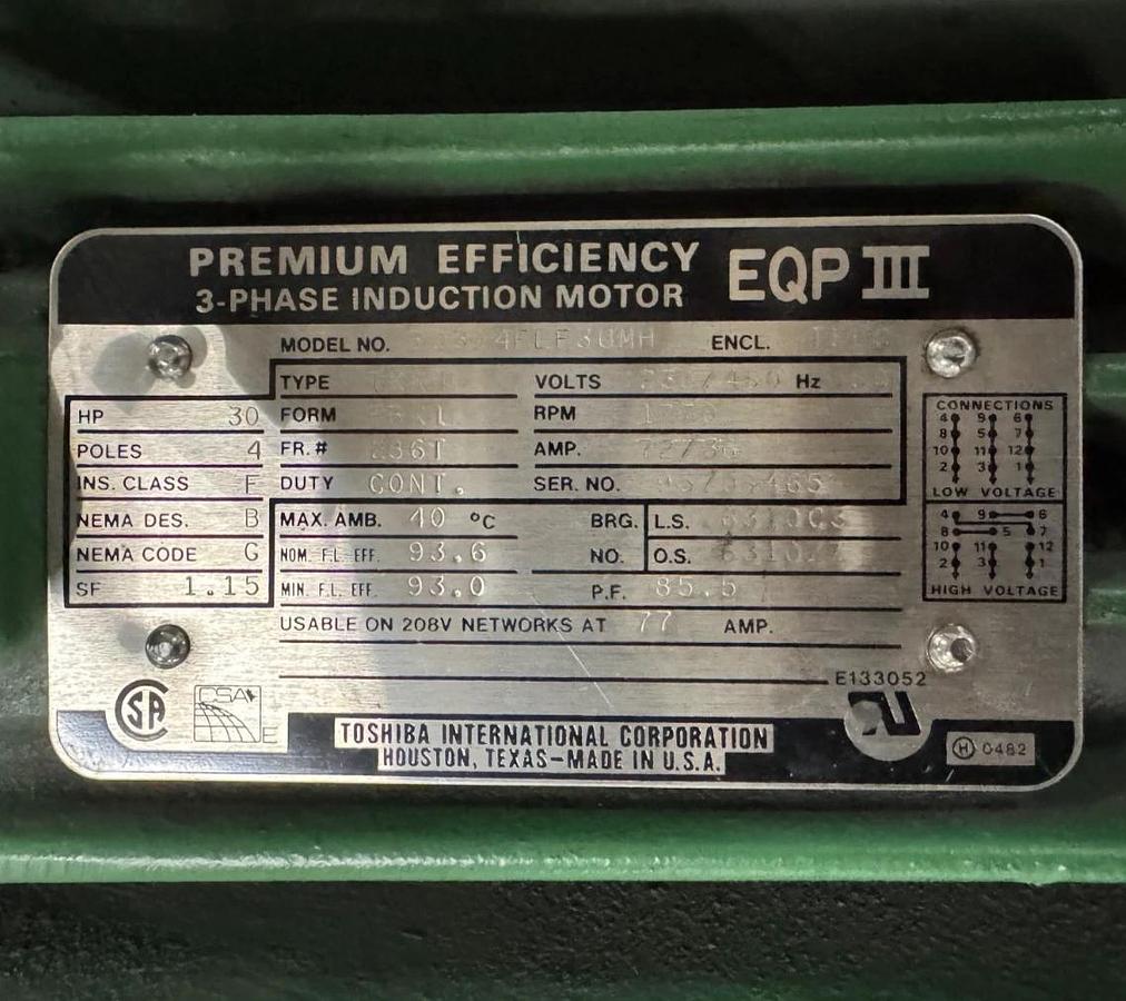 Toshiba MOTOR T 30 HP BO304FLF3UM11 EQP III 1170 RPM 230/460 V 4 POLE 72/36 AMP