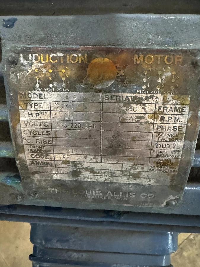 LOUIS ALLIS MOTOR X 15 HP MODEL CJXC 1770 RPM 208-220/440 V 3 PH 42/20AMP F 284U