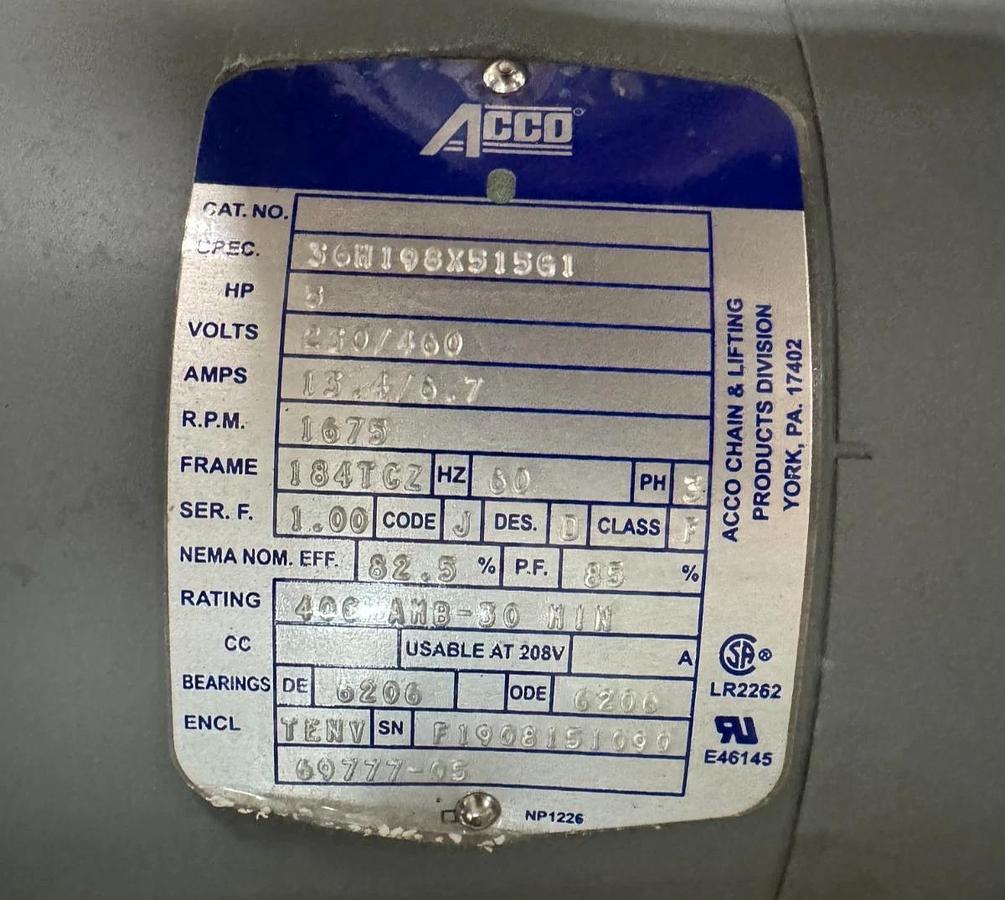 ACCO CRANE MOTOR V3 5 HP MODEL 36M198X515G1 1675 RPM 230/460 V 3 PH 13