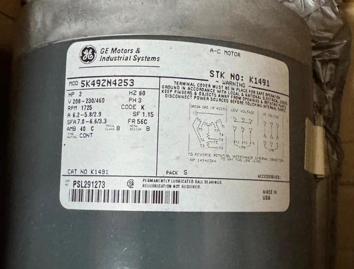 GE 2 HP MOTOR AD4A K1491 5K49ZN4253 1725 RPM 208/230/460 V 6.2-5.8/2.9 A FR 56