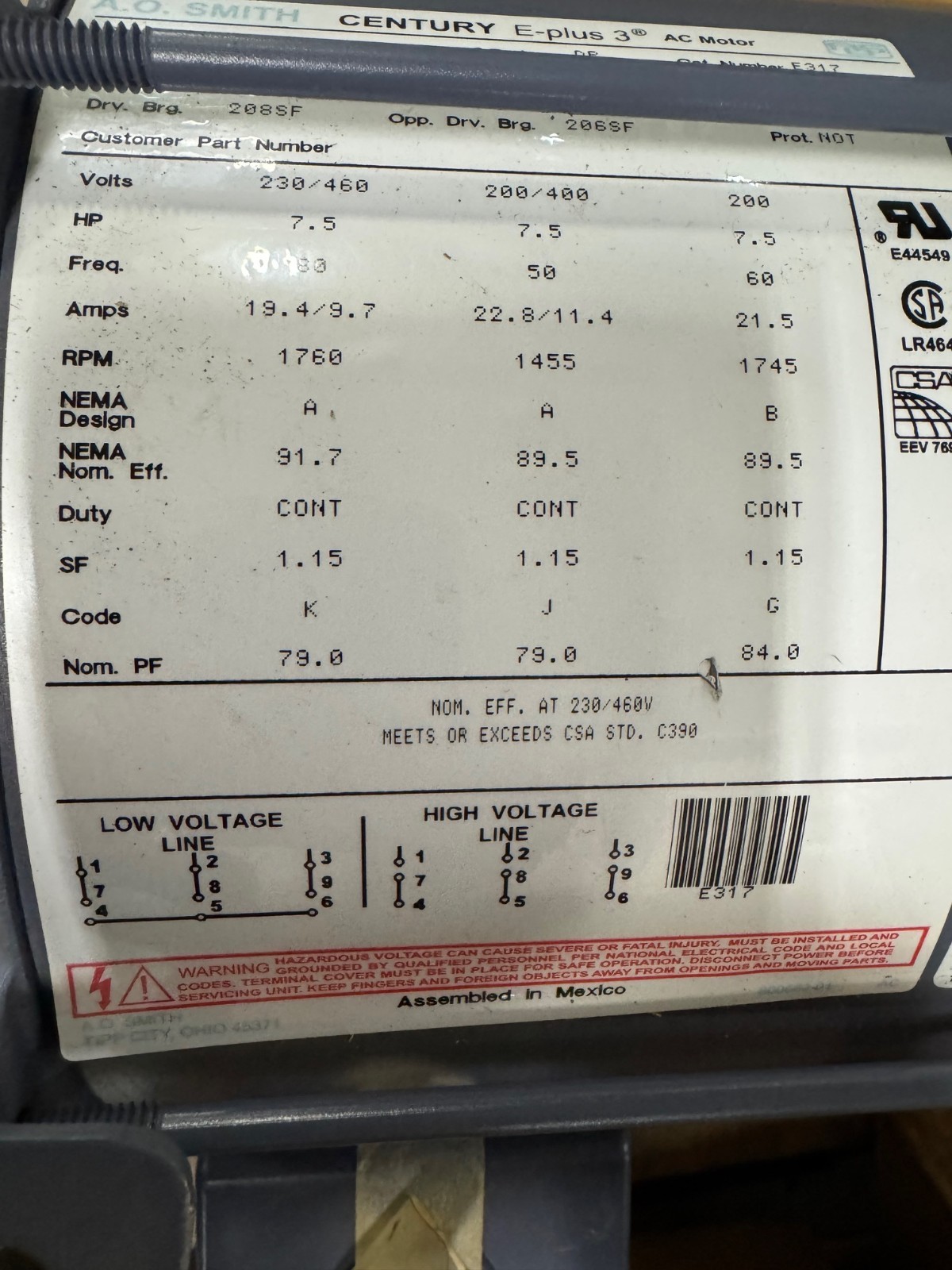 AO SMITH CENTRY E PLUS 3 Motor 7.5 HP MODEL E317 VA10A 1765 RPM 230/460 V