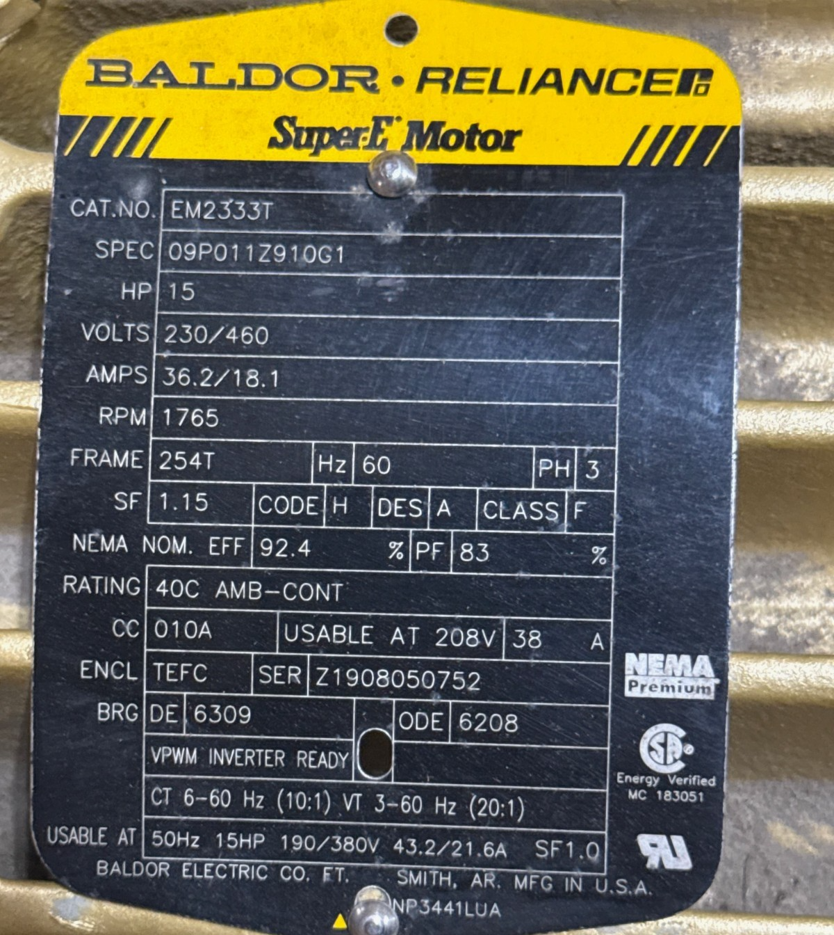 Used BALDOR SUPER E MOTOR 15 HP MODEL CEM2333T 2YBA 1765 RPM 230/460 V 3 PH 36 /18 AM