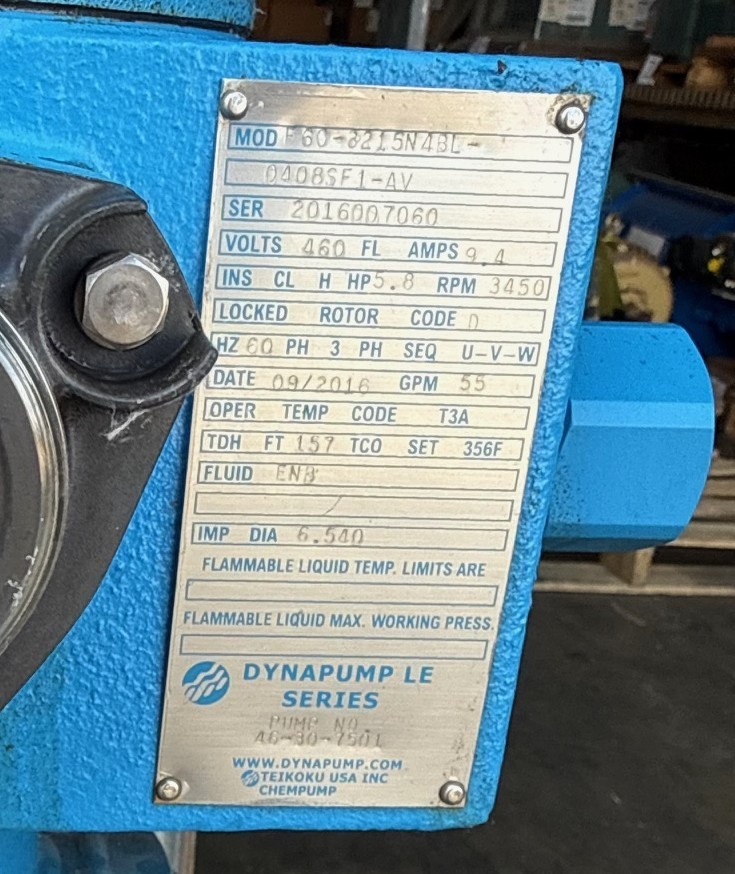 Refurbished DYNAPUMP LE SERIES SEALESS CANNED MOTOR CENTRIFUGAL PUMP 2XX MODEL F60-8215N4BL-