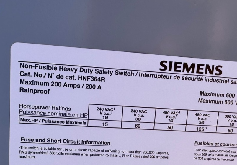 SIEMENS HEAVY DUTY SAFETY SWITCH 3 P 200 AMP MOD HNF364R