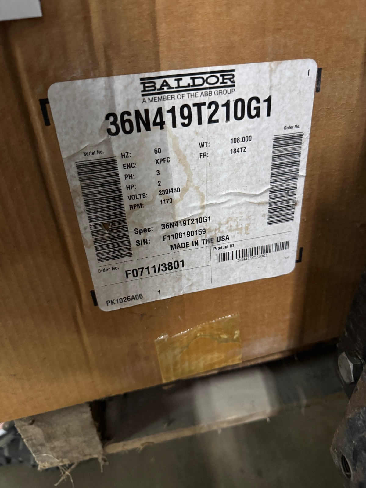 BALDOR  EXPLOSION PROOF Motor 2 HP MODEL 36N419T210G1 VA12B 1170 RPM 230/460 V