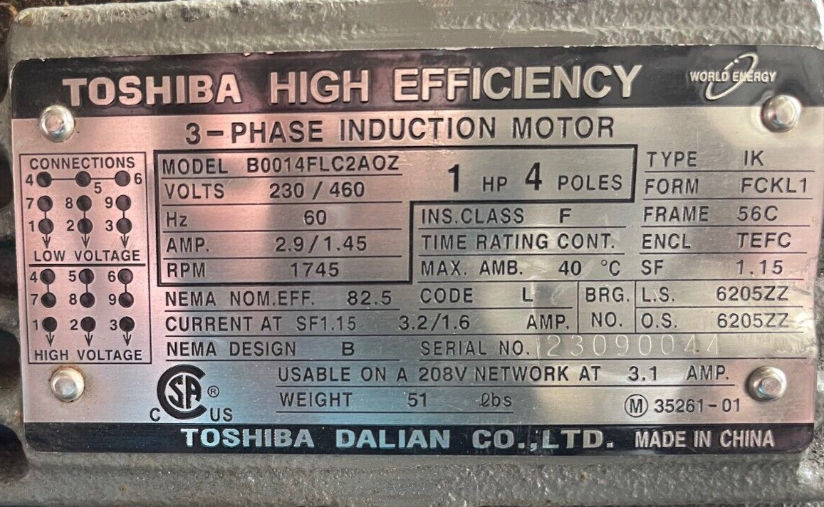 TOSHIBA 1 HP MOTOR 1745 RPM 230/460 V FRAME 56C B0014FLC2AOZ