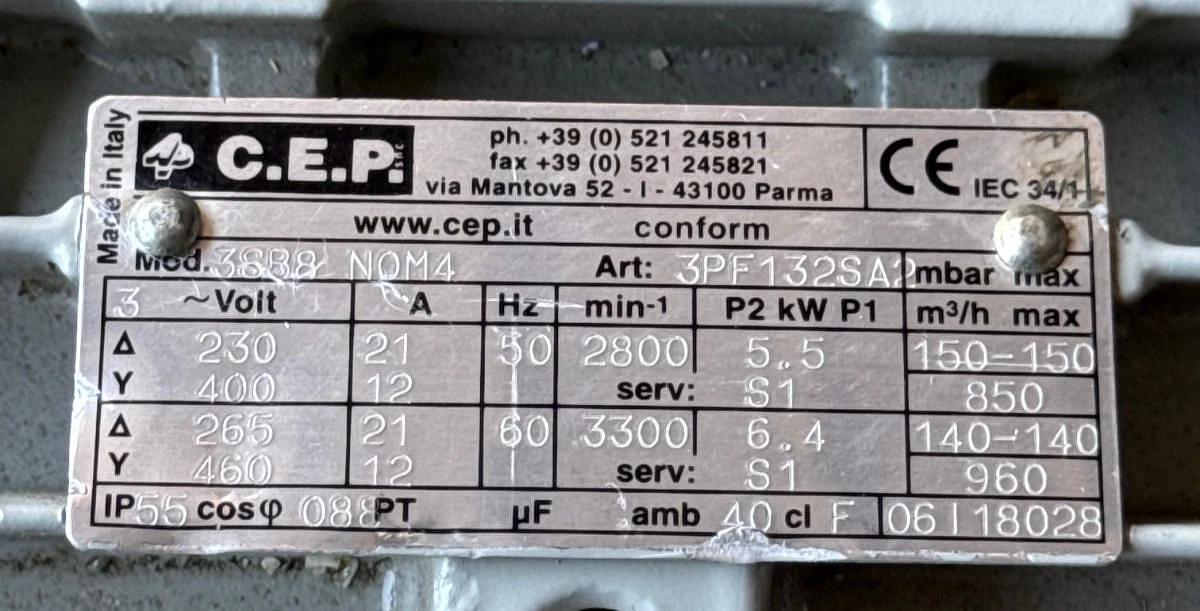 C.E.P. ELECTRIC MOTOR 6 HP MODEL 3SB8 NOM4 1XUB RPM 230/460V 3 PH 5.5/6.4 AMP