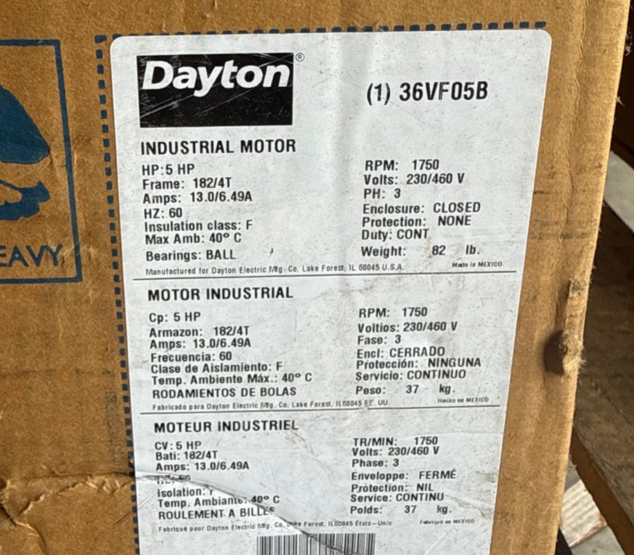 Dayton Motor 5 HP MODEL 36VF05B 2XMC 1750 RPM 208/460 V 13/6.49  AMP 3 PH FRAME