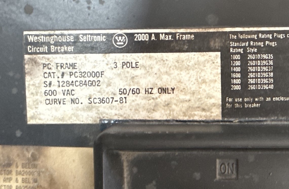Refurbished Westinghouse 2000 AMP BREAKER PC32000F 2KA PC FRAME 3P 600V 2000 A TRIP 2YW2