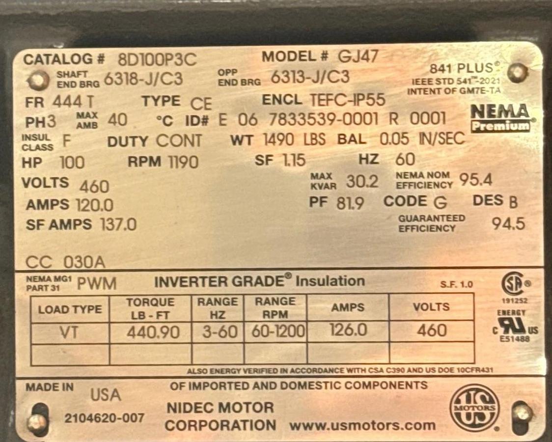 NIDEC INVERTER GRADE MOTOR 100 HP MODEL GJ47 8D100P3C 2XU 1190 RPM 460 V 3 PH 12