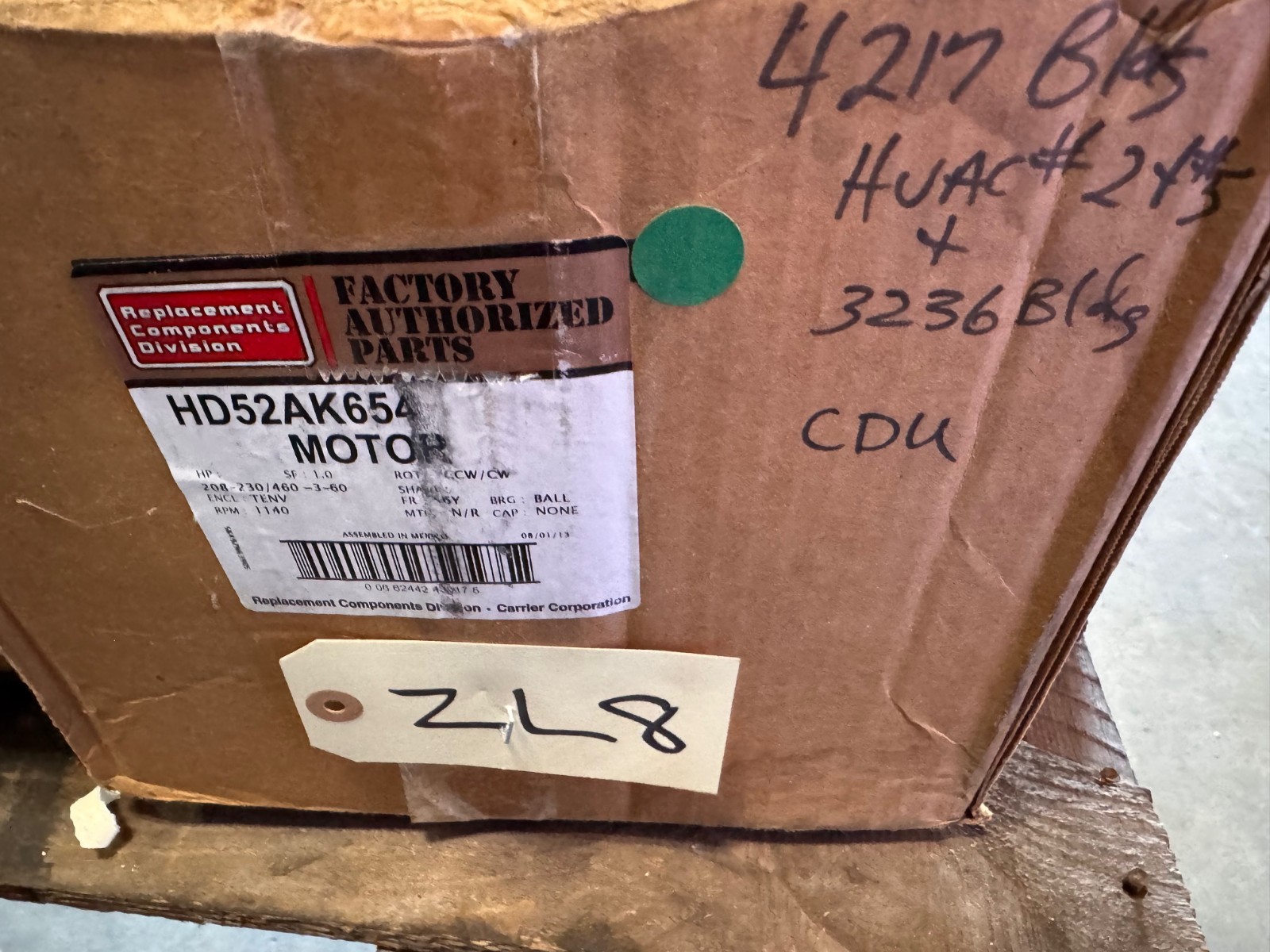 MARATHON Motor 1 HP MODEL HD52AK654  ZL8 ZK2 WA6C 1140 RPM 208/230-460 V 3 PH