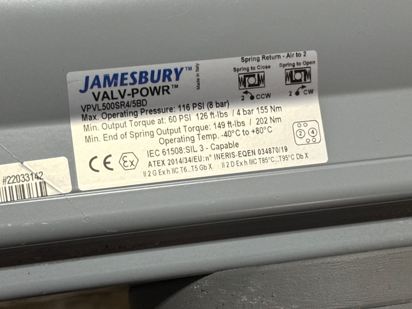 Used EFMequipment 29" BF DAMPER VALVE 503057 WITH JAMESBURY VALV-POWR ACTUATER 2YE