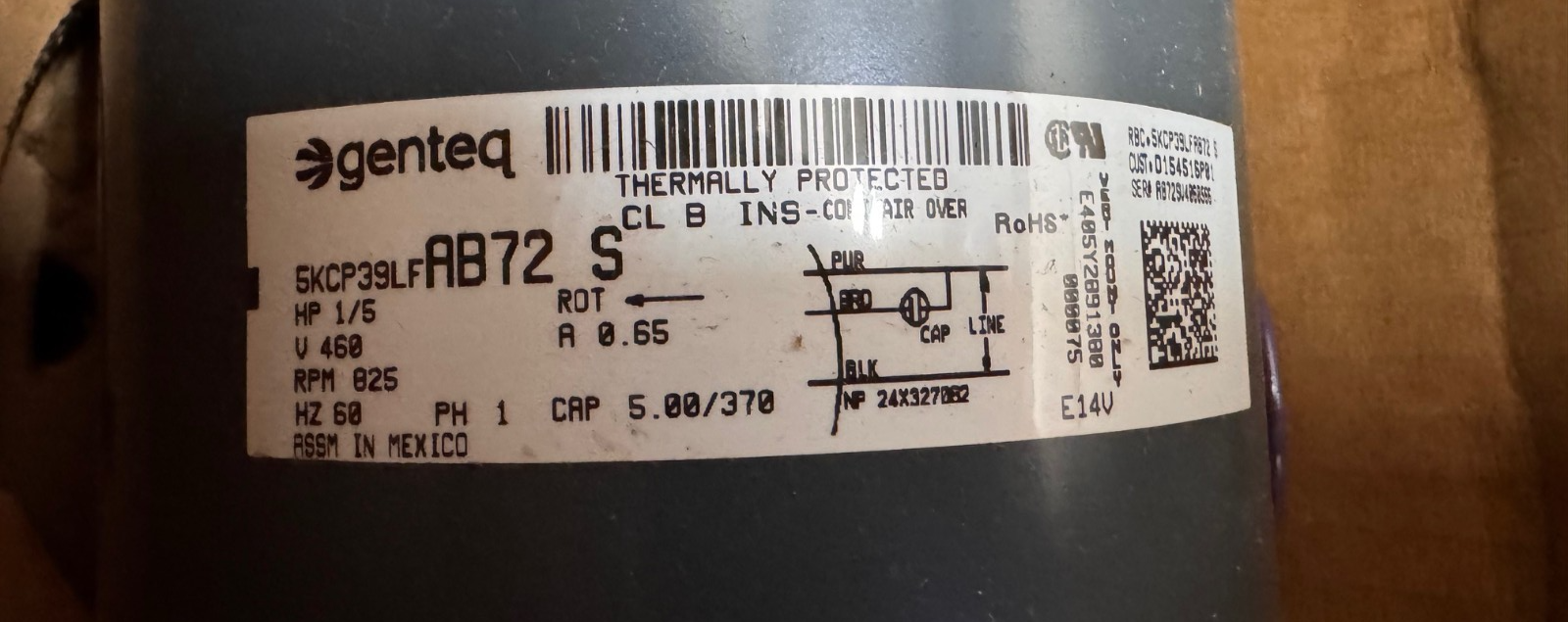 GENTEQ Motor 1/5  HP MODEL MOT12268 AB72S ZJ3 ZJ6 825 RPM 400/460 V . 65 AMP