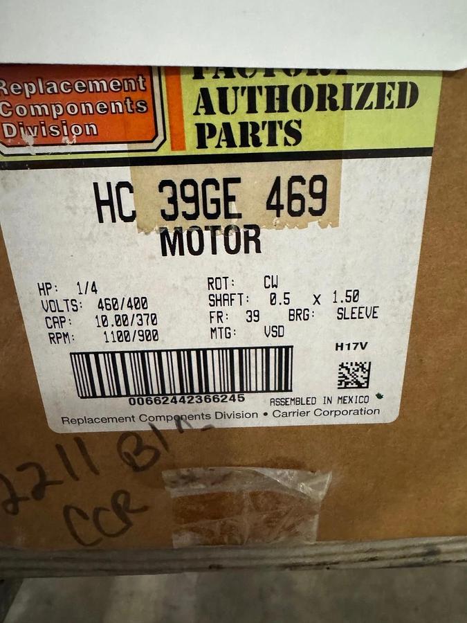 Carrier Genteq Motor 1/4 HP Model HC 39GE 469 VA14F 400/460 V 1100/900 RPM frame