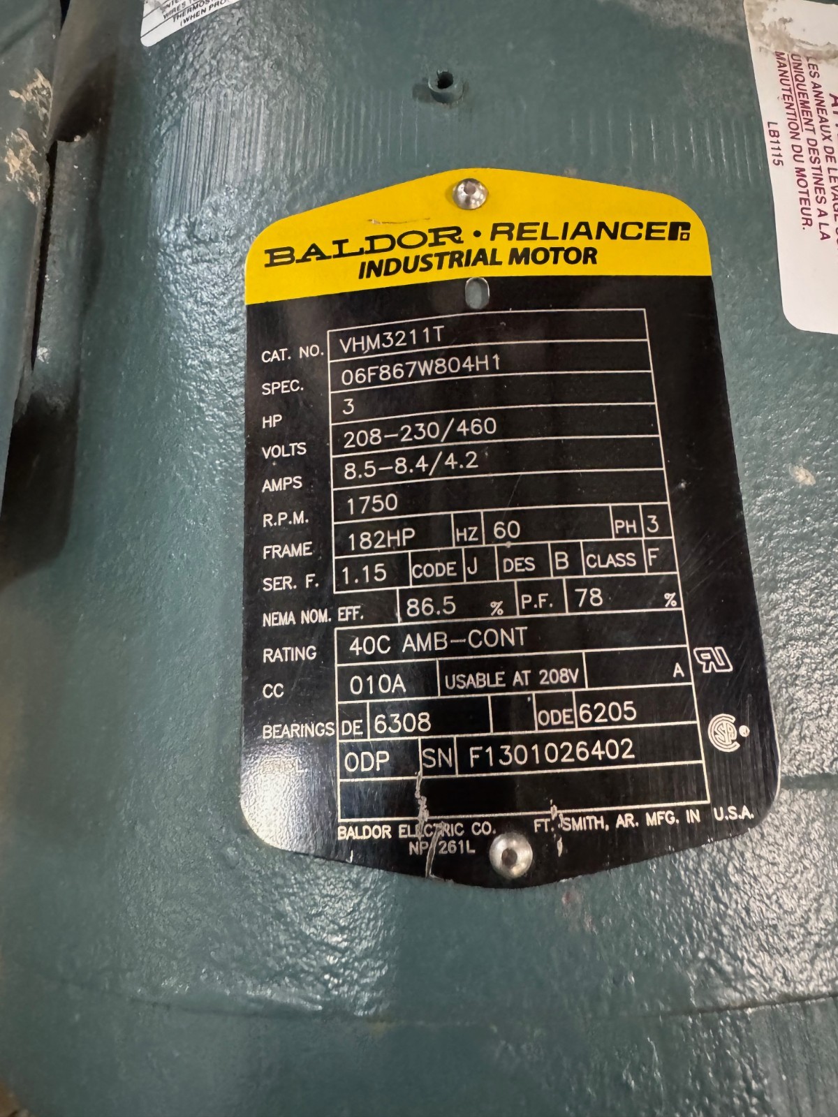 BALDOR INDUSTRIAL VERTICAL Motor 3 HP MODEL VHM3211T VA18D 1750 RPM 208/230460 V