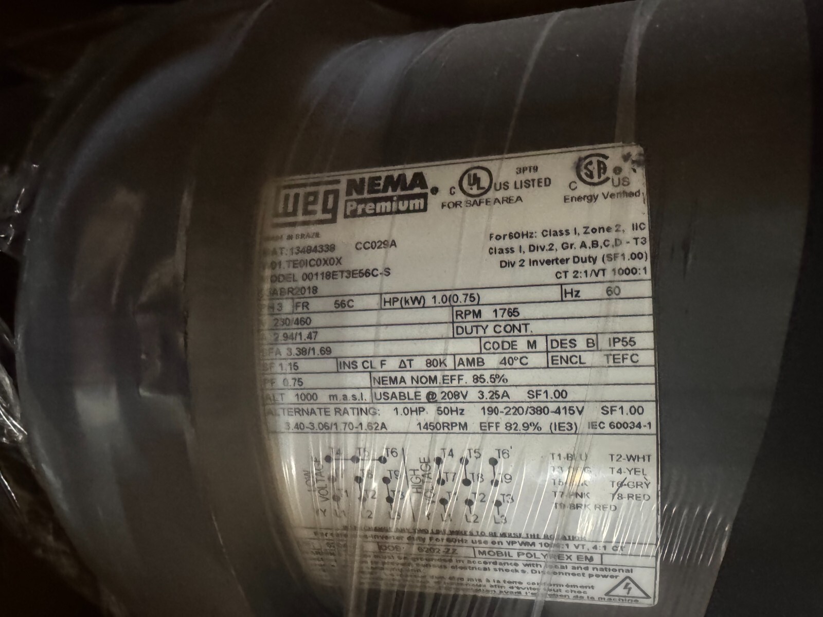 WEG MOTOR N5 1 HP 00118ET3E56C-S 1765 RPM 230/460 V  2.94/1.47 AMP 3 PH FR 56C