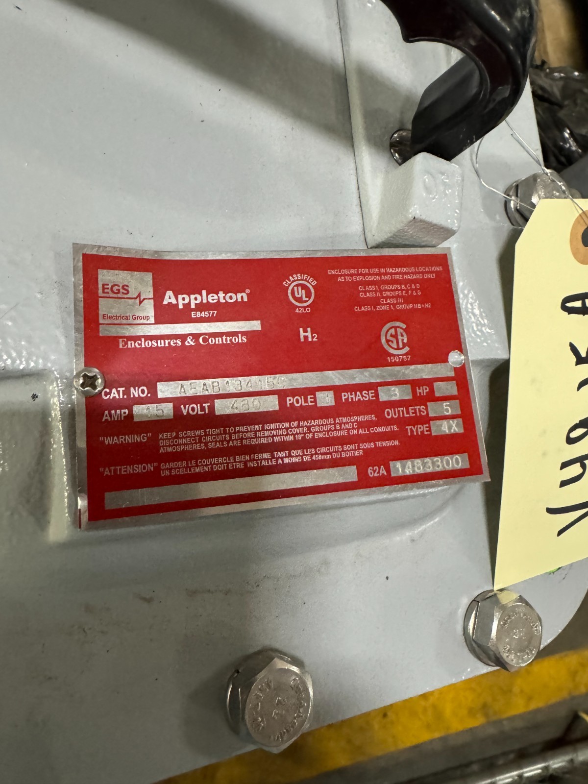 APPLETON EGS EXPLOSION PROOF BREAKER AEAB13415-C V49  15 AMP 480 V 3 POLE 3 PH