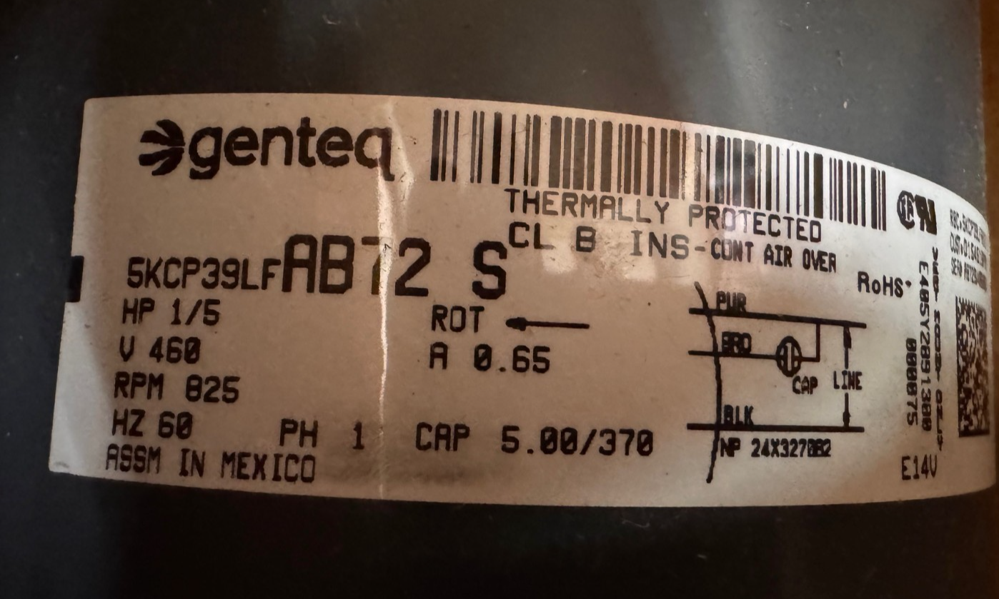 GENTEQ Motor 1/5  HP MODEL MOT12268 AB72S ZJ3 ZJ6 825 RPM 400/460 V . 65 AMP