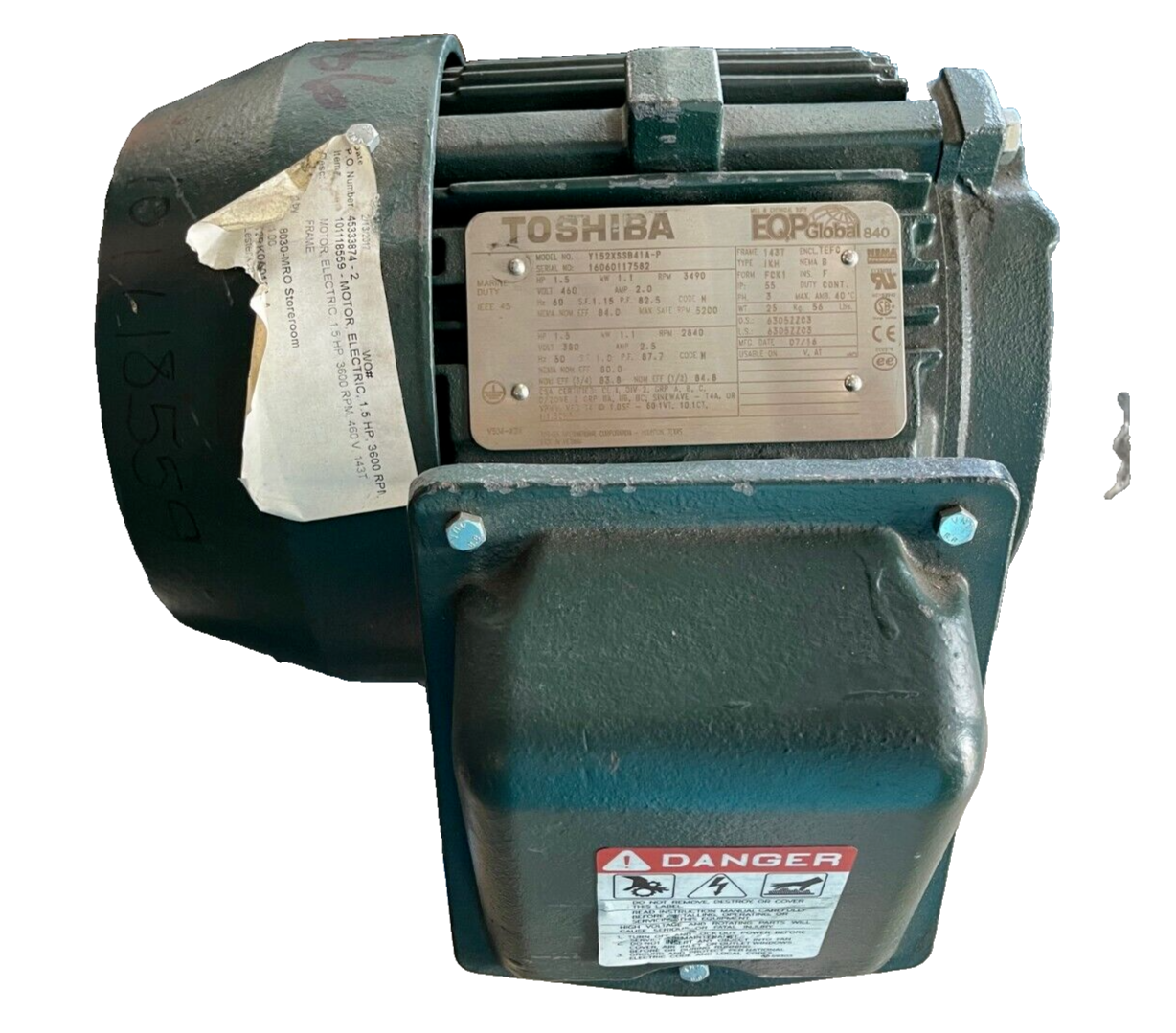 TOSHIBA 11/2 HP MOTOR 3490 RPM 460 V FRAME 143T Y152XSSB41A-P