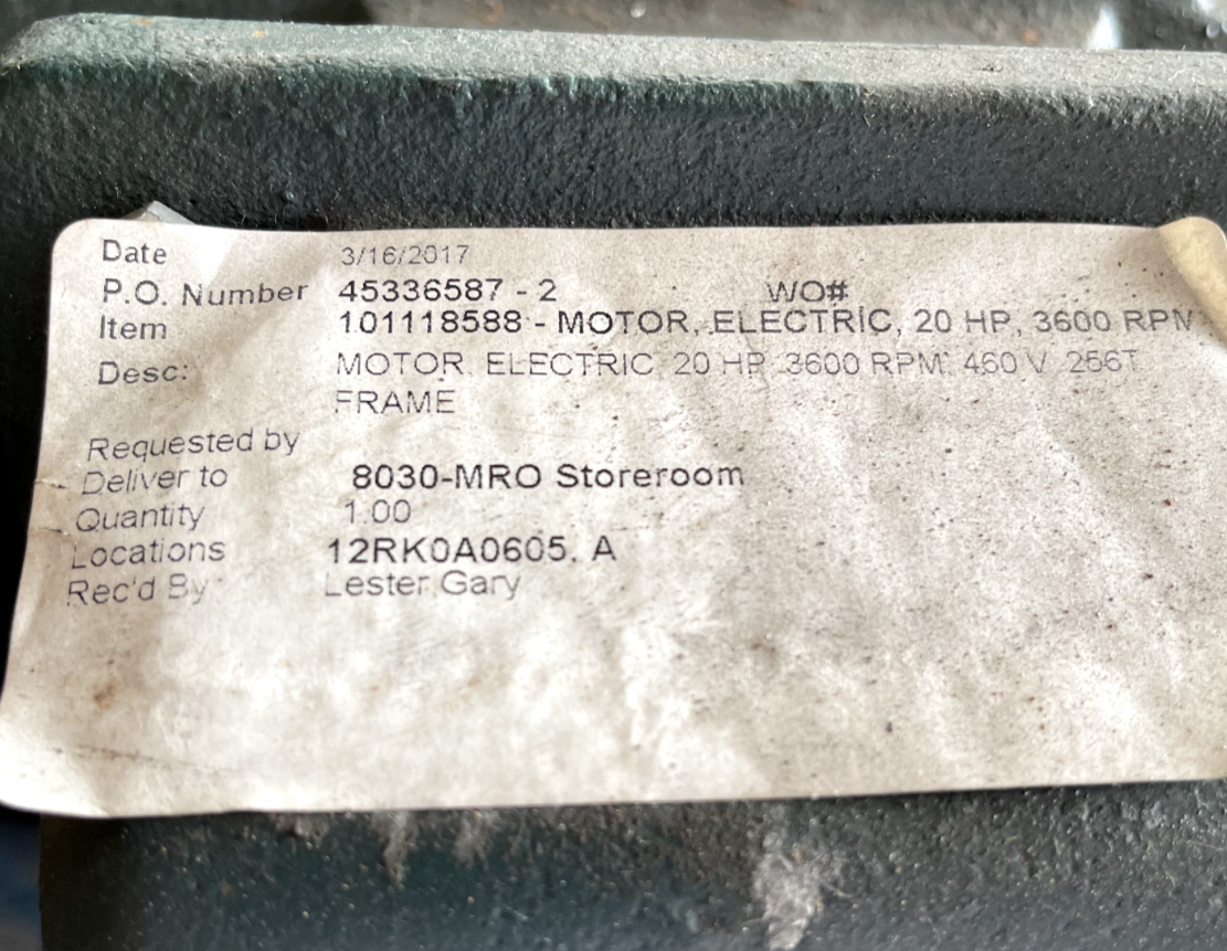 20 HP MOTOR TOSHIBA 3520 RPM 460 V FRAME 258T
