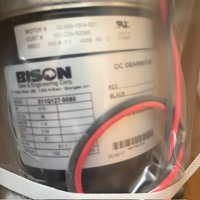 BISON DC GEARMOTOR 1/15 HP 90 VDC RATIO 81 TO 1 011Q127-0080