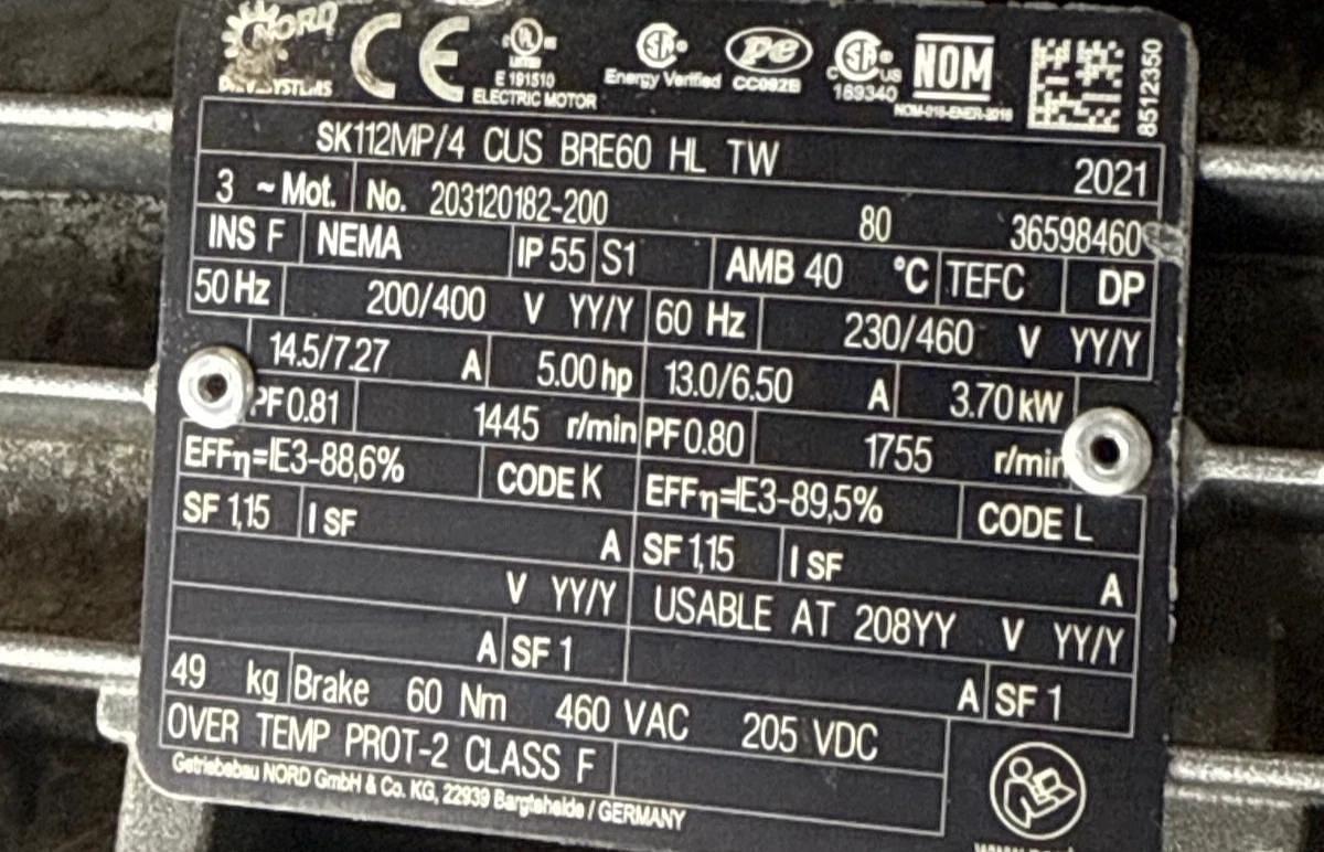 NORD Motor 5 HP MODEL SK112MP/4 2XOB 1755 RPM 230/460 V 13/6.5 AMP 3 PH STEM D