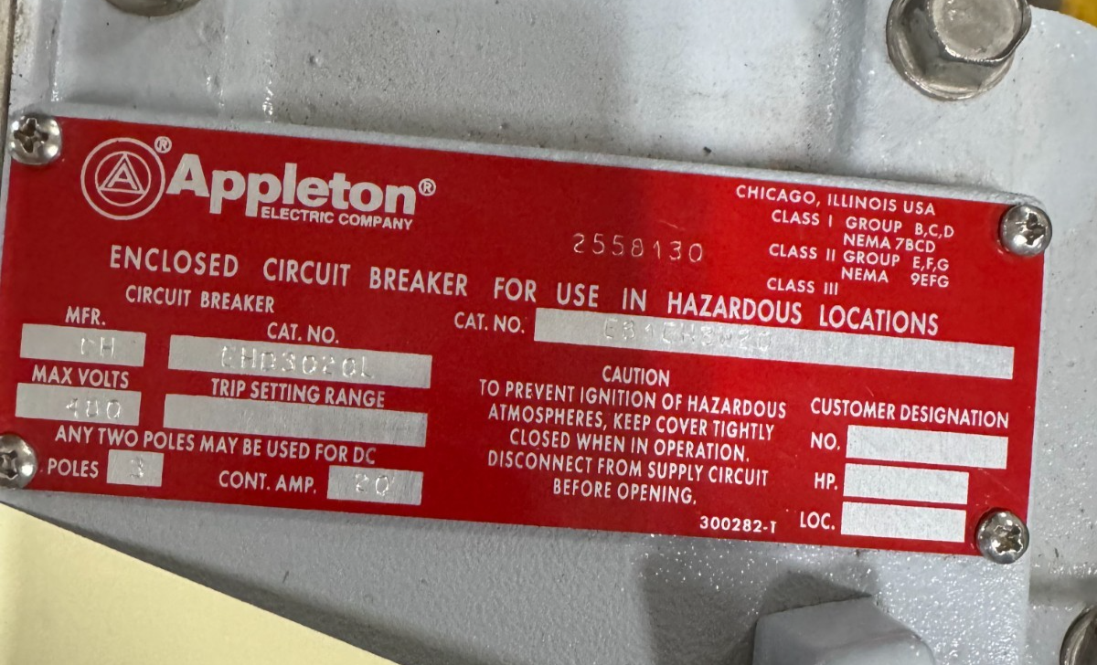 APPLETON EGS EXPLOSION PROOF BREAKER V52 60 AMP 480 V 3 POLE 3 PH AEBB13460-C-35